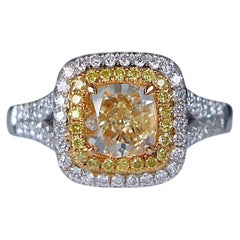 28009 18K White Gold 1.50 Fancy Yellow VS1 Cushion Diamond Halo Engagement Ring