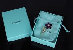 22326 Vintage Tiffany & Co 18k Yellow Gold Amethyst Diamond Flower Pin Brooch