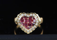 22341 Heart Shape Ring 18K Yellow Gold 1.54ct Round Diamond Red Ruby Size 7.75