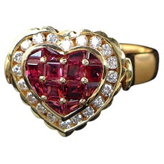 22341 Heart Shape Ring 18K Yellow Gold 1.54ct Round Diamond Red Ruby Size 7.75