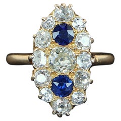 22342 Victorian 18K Yellow Gold Old Miner Cut Diamond Royal Blue Sapphire Ring
