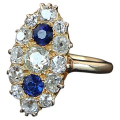 22342 Victorian 18K Yellow Gold Old Miner Cut Diamond Royal Blue Sapphire Ring