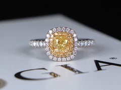 28012 18K White Gold GIA 1.00 Fancy Yellow Cushion Diamond Halo Engagement Ring