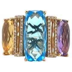 Anello vistoso Effy in oro giallo 14 carati con topazio blu, ametista, citrino e diamanti