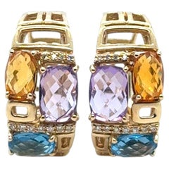 Effy Mosaic 14K Yellow Gold Amethyst Blue Topaz Citrine and Diamond Hoop Earring
