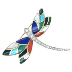 Asch Grossbardt 14K Two-Tone Gold Diamond and Gemstone Inlay Dragonfly Brooch