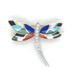 Asch Grossbardt 14K Two-Tone Gold Diamond and Gemstone Inlay Dragonfly Brooch