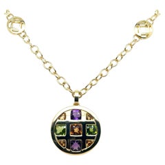 18K Yellow Gold Multicolor Gemstone Geometric Medallion Necklace