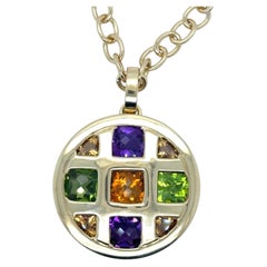 18K Yellow Gold Multicolor Gemstone Geometric Medallion Necklace