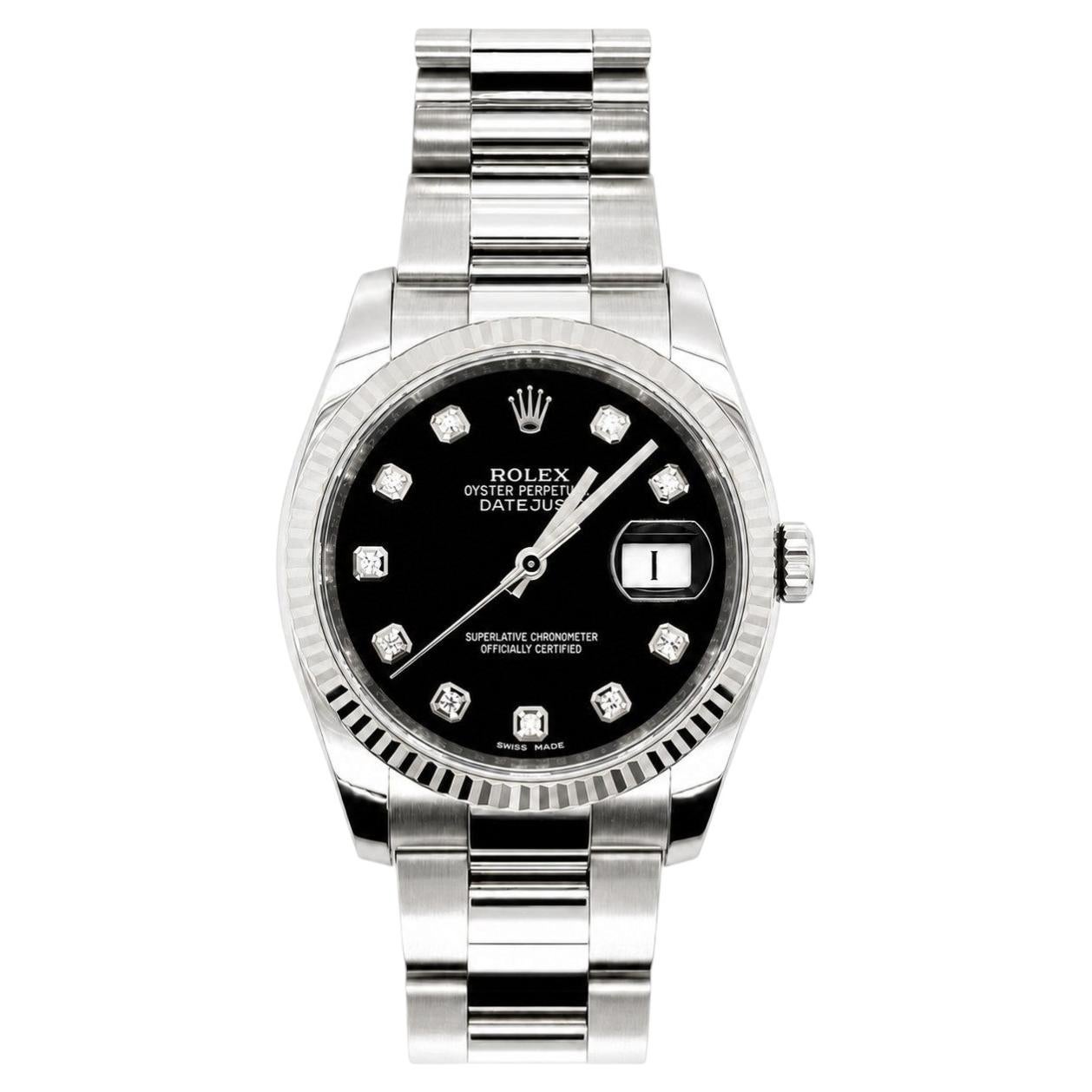 Rolex Datejust 36mm Black Diamond Dial Steel and White Gold Bezel Watch