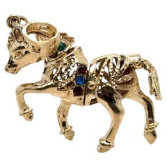 Vintage 9K Yellow Gold Articulated Gem-Set Horse Pendant