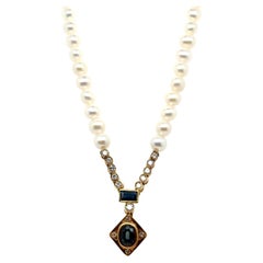 Cultured Pearl 1.15 Carat Sapphire Diamond 18 Karat Gold Pendant Necklace