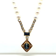 Cultured Pearl 1.15 Carat Sapphire Diamond 18 Karat Gold Pendant Necklace