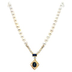 Cultured Pearl 1.15 Carat Sapphire Diamond 18 Karat Gold Pendant Necklace