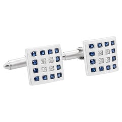 18 Karat White Gold Sapphire and Diamond Geometric Grid Cufflinks