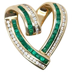 14K Yellow Gold Emerald and Diamond Open Heart Pendant