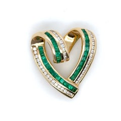 14K Yellow Gold Emerald and Diamond Open Heart Pendant