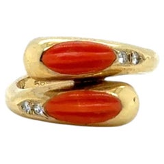 14K Yellow Gold Carved Orange Coral Cabochon Bypass Ring