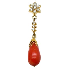 14K Yellow Gold Coral and 1.00 Carat Diamond Drop Earrings