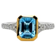 14K Two-Tone Gold Emerald-Cut Blue Topaz and Diamond Ring