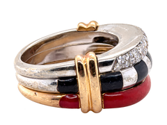 La Nouvelle Bague 18K Gold Diamond, Red and Black Enamel Three-Band Ring