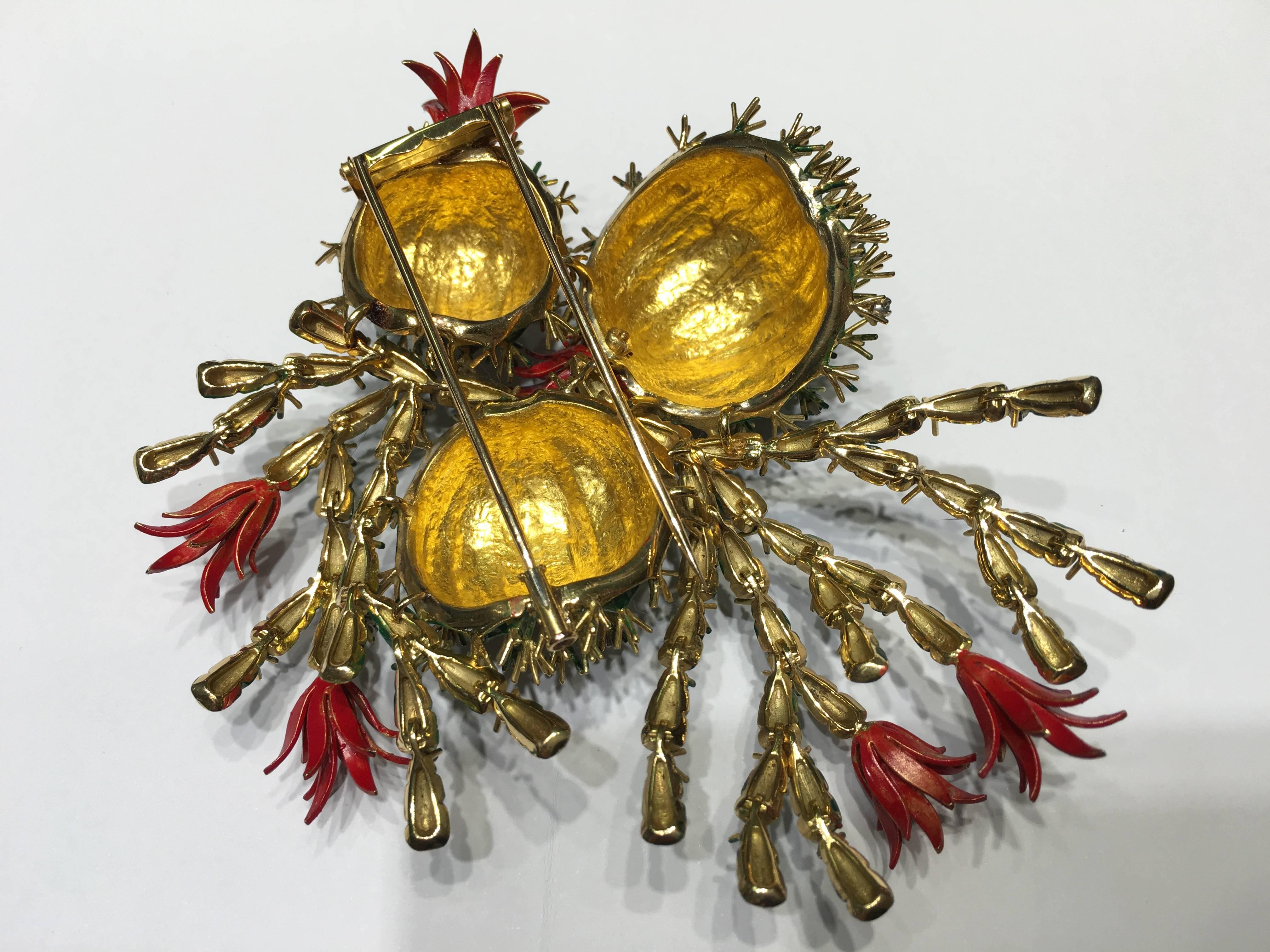 Modern Christmas Cactus  Enamel Diamond Gold Articulated Brooch For Sale