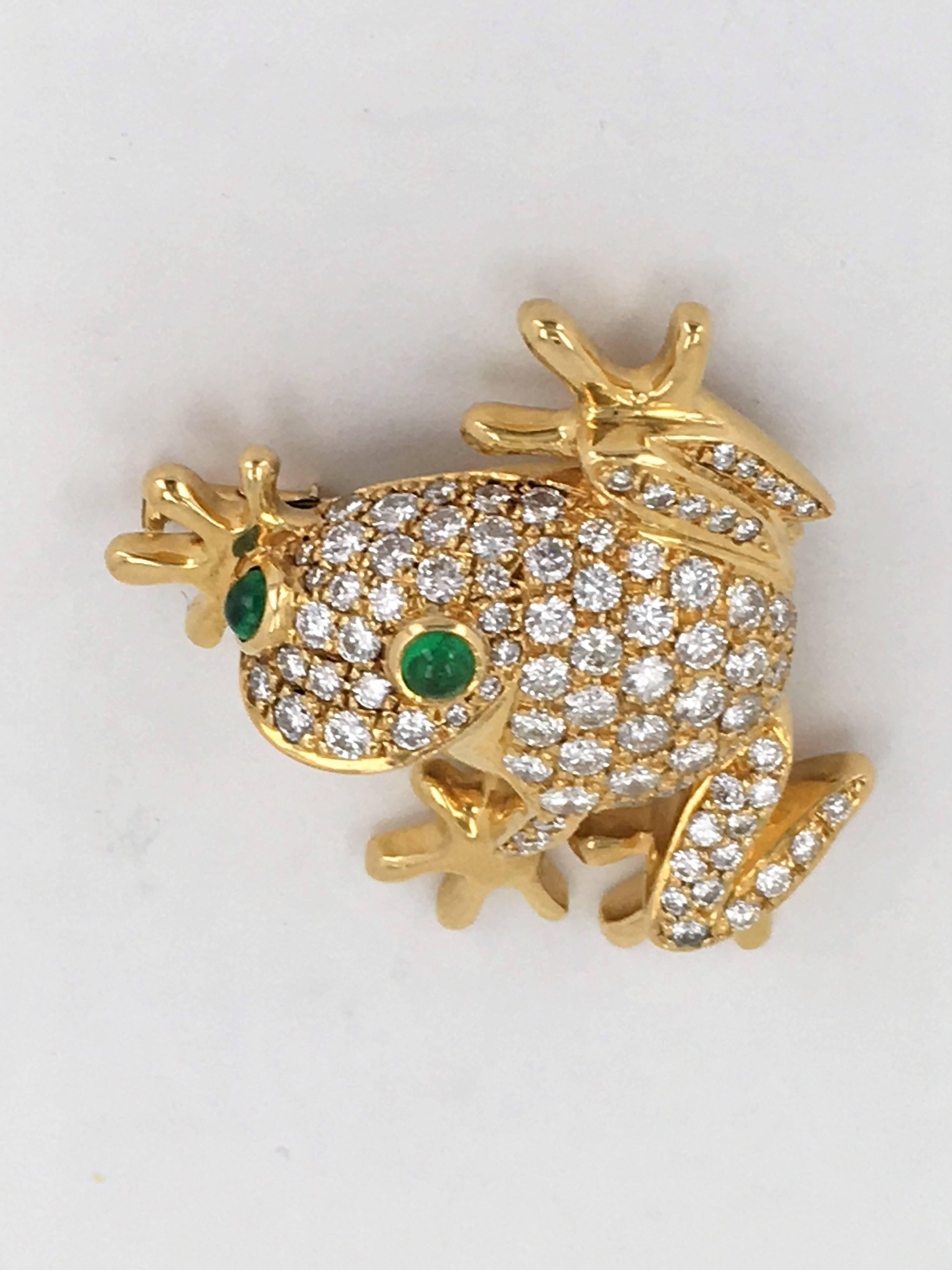 Contemporary Emerald Diamond Gold Frog Brooch For Sale