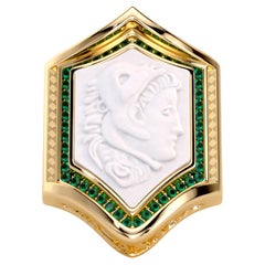 Alexander the Great Men's 18k Yellow Gold Ring with Emeralds & Agate Carvings