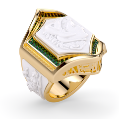 Alexander the Great Men's 18k Yellow Gold Ring with Emeralds & Agate Carvings