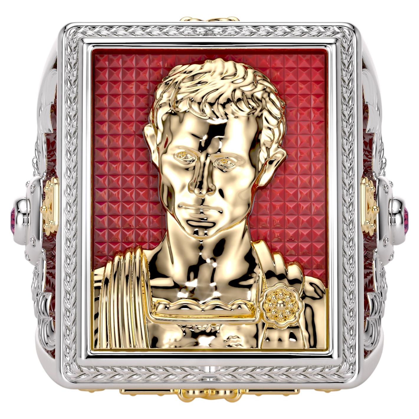 Julius Caesar 18K Two-Tone Gold Men's Ring, Guilloché Enamel & Rubies For Sale