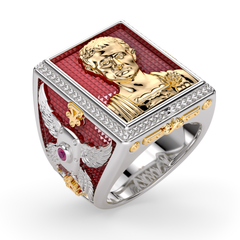 Anillo de hombre «Julius Caesar» de oro bicolor de 18 quilates, con esmalte guilloché y rubíes