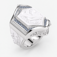 Anillo de platino para hombre «Alejandro Magno» con diamantes azules naturales y camafeo de ágata