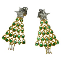 Green Christmas - Fine Emerald Earrings with Star PieCut Diamond in 18K