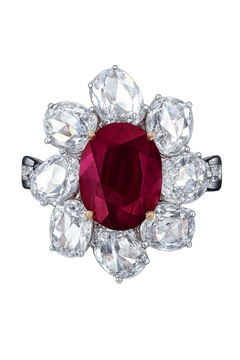 Crimson Dynasty - Burmese Ruby set with Rosecut Diamonds in 18K Designer Ring