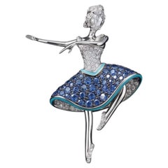 ISABELLA - Ballerina Brooch Handmade in Hong Kong with Rosecut Diamonds Sapphire