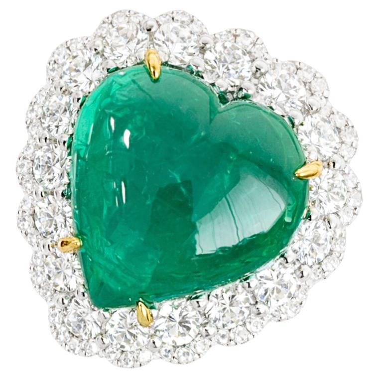 Emerald Heart - Heart Shape Zambian Emerald Set with Diamonds in Classic Ring