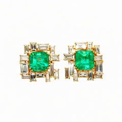 Emerald Crownline - Fine Columbian Emeralds set with Baguette Diamonds Earrings