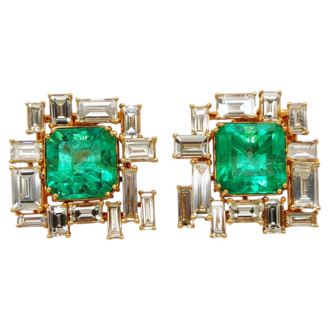 Emerald Crownline - Fine Columbian Emeralds Set With Baguette Diamonds Earrings