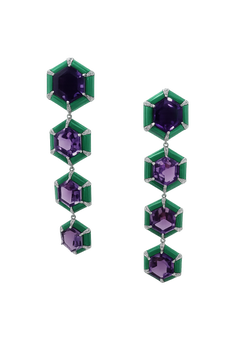 Aurora I – Prism - Fine Hexagon Cut Amethysts set with Malachites & Diamonds 18K