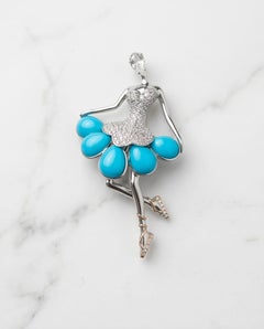 HELENA - Sleeping Beauty Turquoise set with Rosecut Diamonds in 18K Brooch