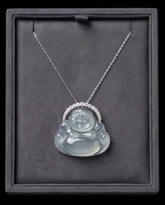 Handmade White Jade Laughing Buddha Pendant Necklace, Burmese Origin