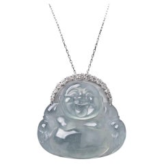 Handmade White Jade Laughing Buddha Pendant Necklace, Burmese Origin