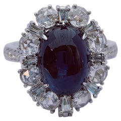 Blue Sovereign - Bague avec saphir en cabochon, sertie de diamants taille rose et taille conique, 18 carats
