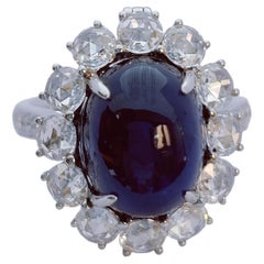 Sapphire Moon - Oval Cabouchon Sapphire Ring set with Rosecut Diamonds in 18K