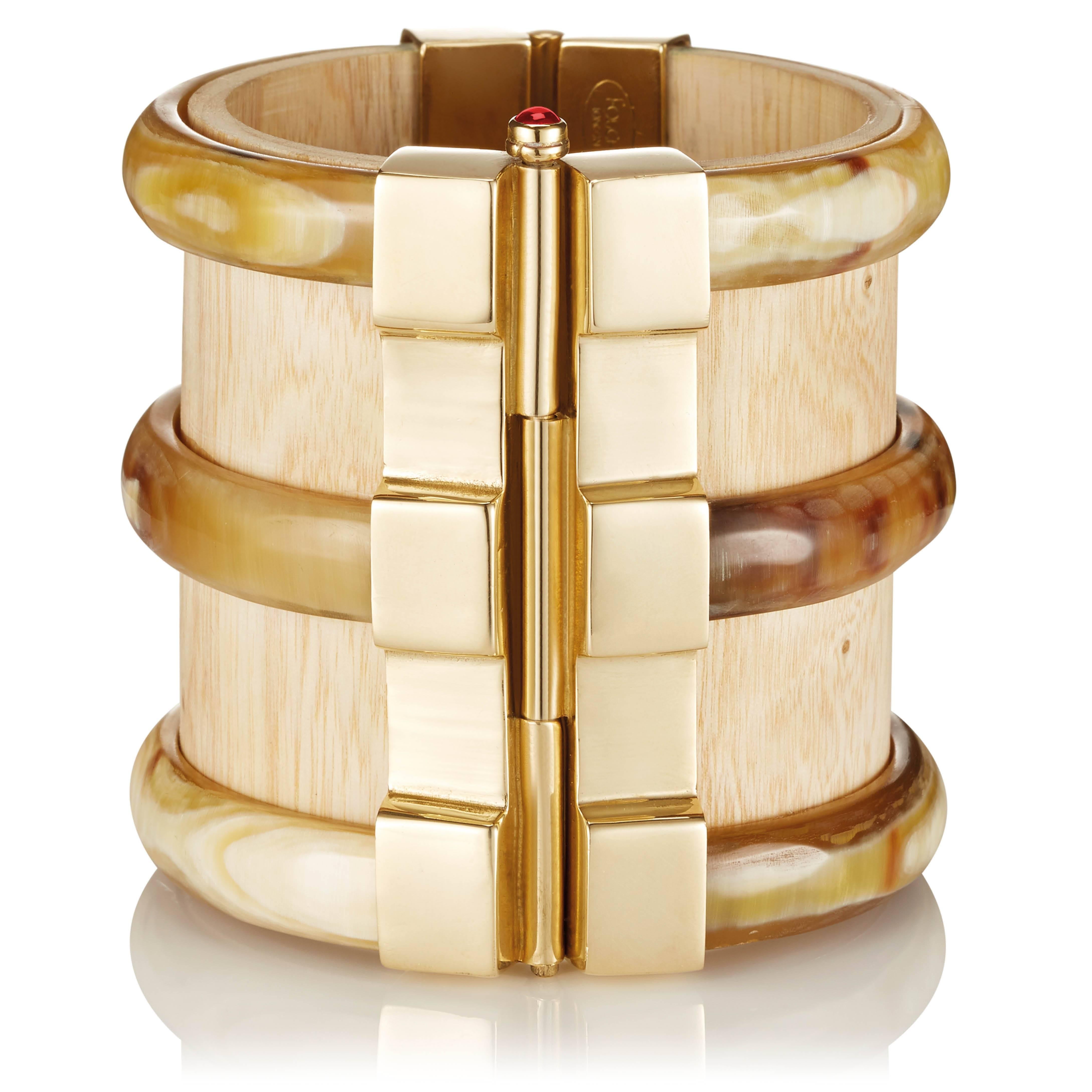 Contemporary Fouche Horn Wood Emerald Ruby Fire Opal Gold Cuff Bracelet