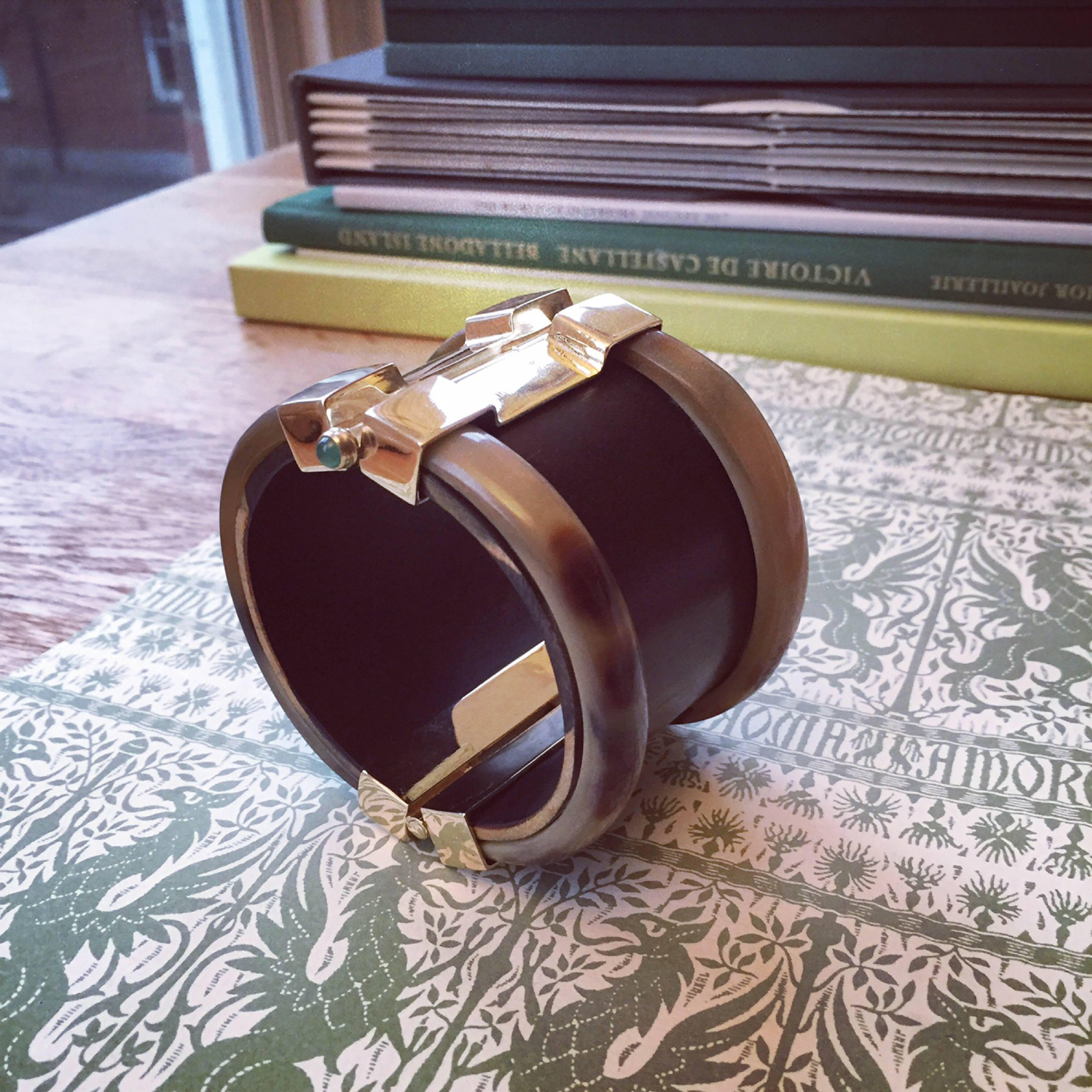 Contemporary Fouche Bespoke Horn Wood Fire Opal Emerald Cuff Bracelet