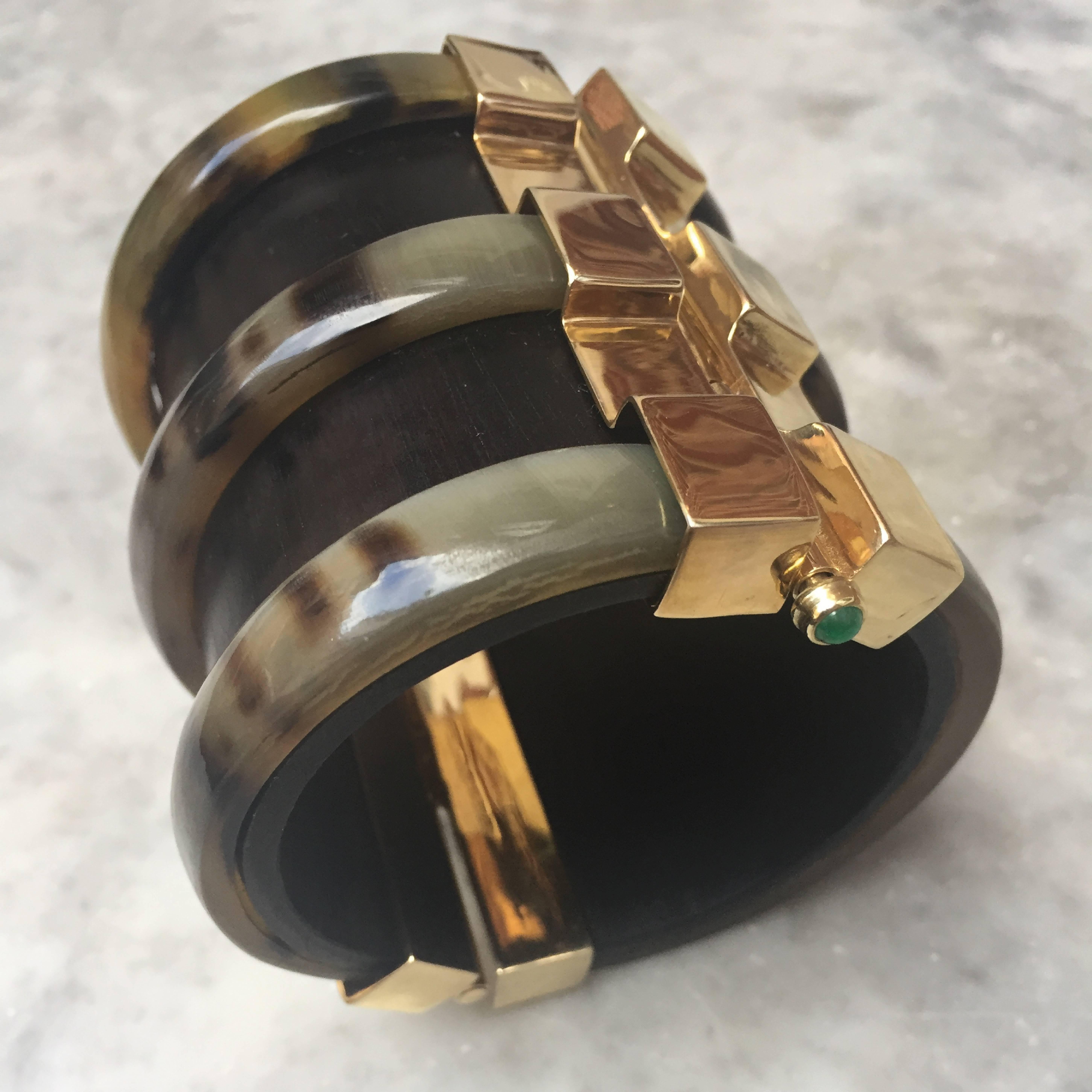 Fouche Bespoke Diana Vreeland Horn Emerald Opal Ruby Wood Gold Cuff Bracelet In New Condition In London, GB