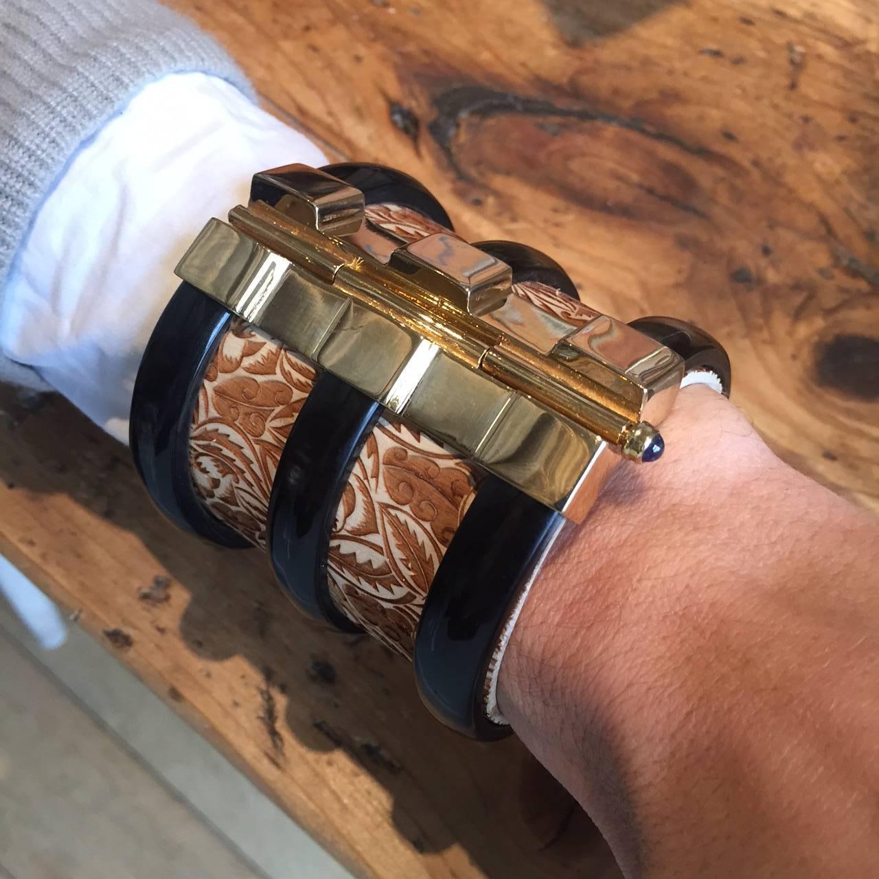 Fouché Cuff Bracelet Bespoke Gold Horn Sapphire Emerald Wood  In New Condition In London, GB