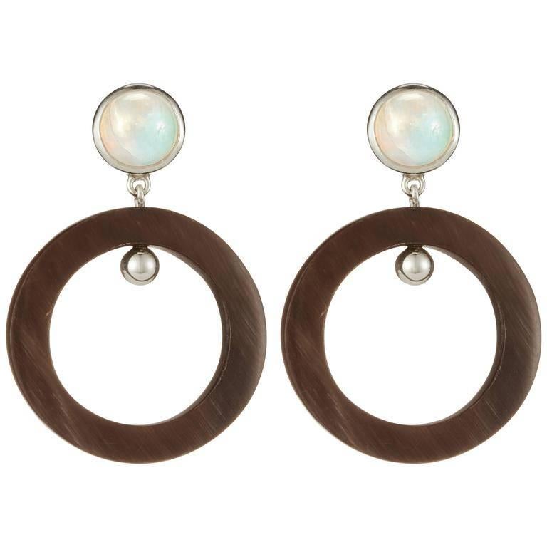 Fouche Art Deco Moonstone Horn Dangle Hoop Earrings For Sale