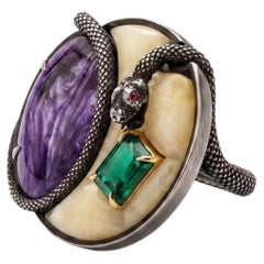 One-of-a-Kind Emerald, Charoite and Amber Snake Ring in Sterling Silver